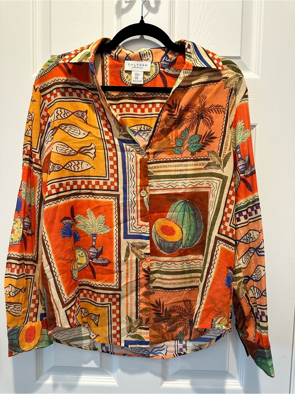 Calypso St. Barth Orange Tropical Patchwork Button-Down Shirt